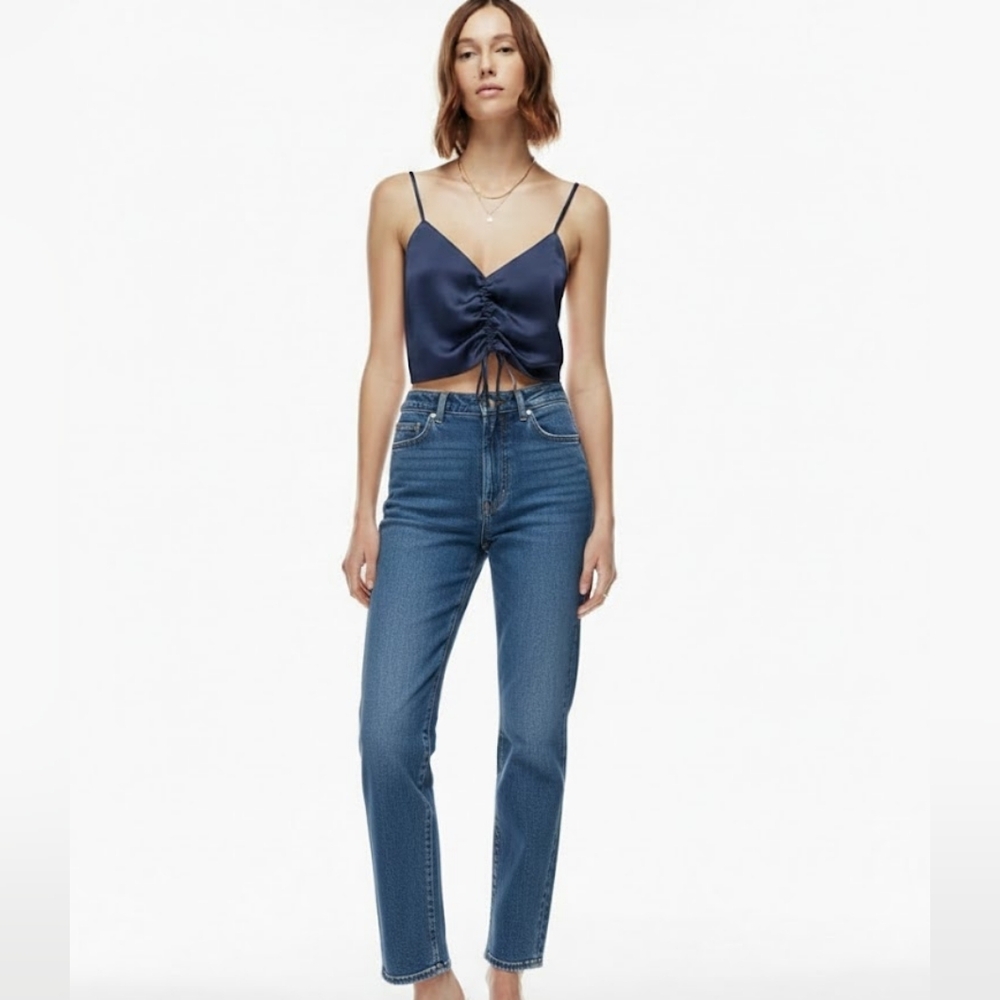 Aritzia Little Moon Versa Navy Blue Satin Crop Top Size S